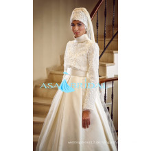 2015 neueste weiße arabische Langarm Gelinlik Perlen türkische muslimische Hijab Hochzeitskleid (MUSL-1891)